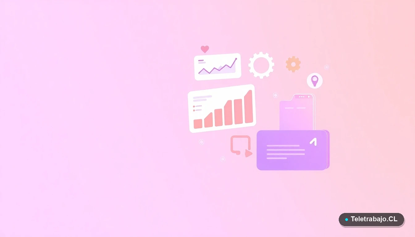 Composición abstracta de interfaz de usuario con gráficos flotantes, engranajes y carpetas en tonos lavanda y durazno, sobre fondo degradado. Representación visual de datos y sistemas de la brecha de género laboral.