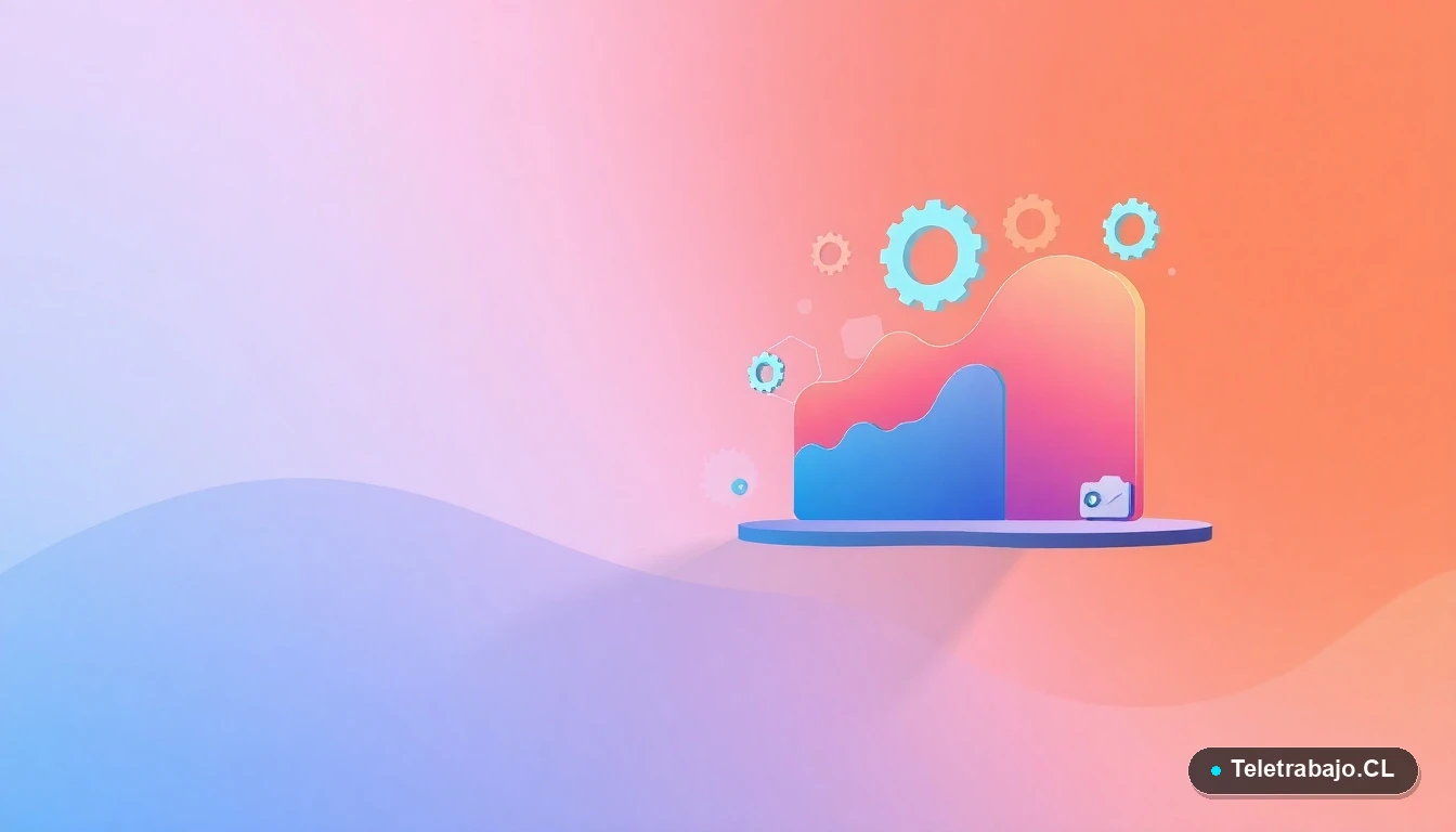 Elementos de interfaz de usuario abstractos y minimalistas: gráficos, engranajes y carpetas flotantes, sobre fondo degradado melocotón, representando datos y sistemas del sector energético.