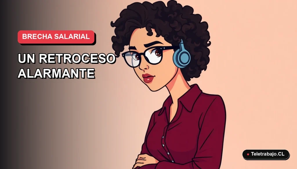 Ilustración plana corporativa de una mujer profesional de la industria tecnológica, con expresión seria, mirando hacia un espacio vacío que simboliza la desigualdad. Fondo con degradado suave de color lavanda.