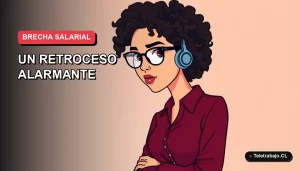 Ilustración plana corporativa de una mujer profesional de la industria tecnológica, con expresión seria, mirando hacia un espacio vacío que simboliza la desigualdad. Fondo con degradado suave de color lavanda.