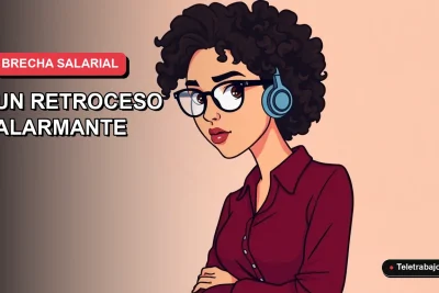 Ilustración plana corporativa de una mujer profesional de la industria tecnológica, con expresión seria, mirando hacia un espacio vacío que simboliza la desigualdad. Fondo con degradado suave de color lavanda.