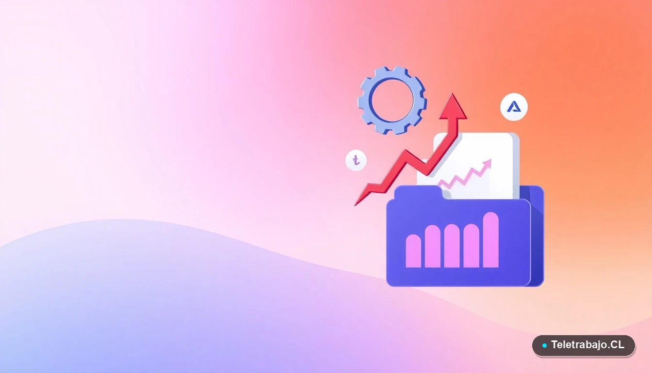 Composición abstracta de interfaz de usuario tecnológica con un gráfico en fuerte tendencia a la baja, un engranaje roto y una carpeta, sobre un fondo degradado azul grisáceo.