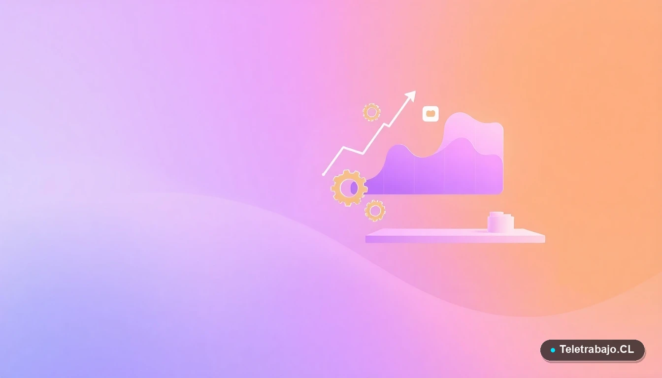 Elementos de interfaz de usuario abstractos y modernos: gráficos flotantes, engranajes y carpetas en tonos lavanda y durazno, sobre fondo degradado, representando datos y soluciones tecnológicas.