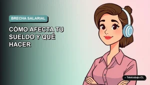 Ilustración vectorial plana de una trabajadora chilena de tecnología con expresión pensativa, sobre fondo degradado suave azul verdoso. Tema de equidad salarial.