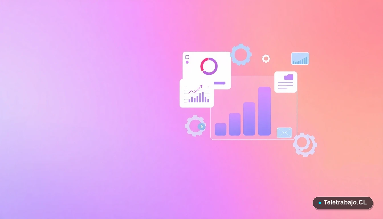 Composición abstracta de interfaz de usuario con gráficos flotantes y engranajes estilizados, representando datos de brecha salarial, sobre fondo degradado lila y durazno.