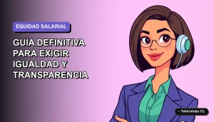 Ilustración vectorial plana moderna de una mujer profesional chilena trabajando remotamente, con fondo degradado lavanda, representando la transparencia y lucha por la igualdad salarial en Chile 2026.