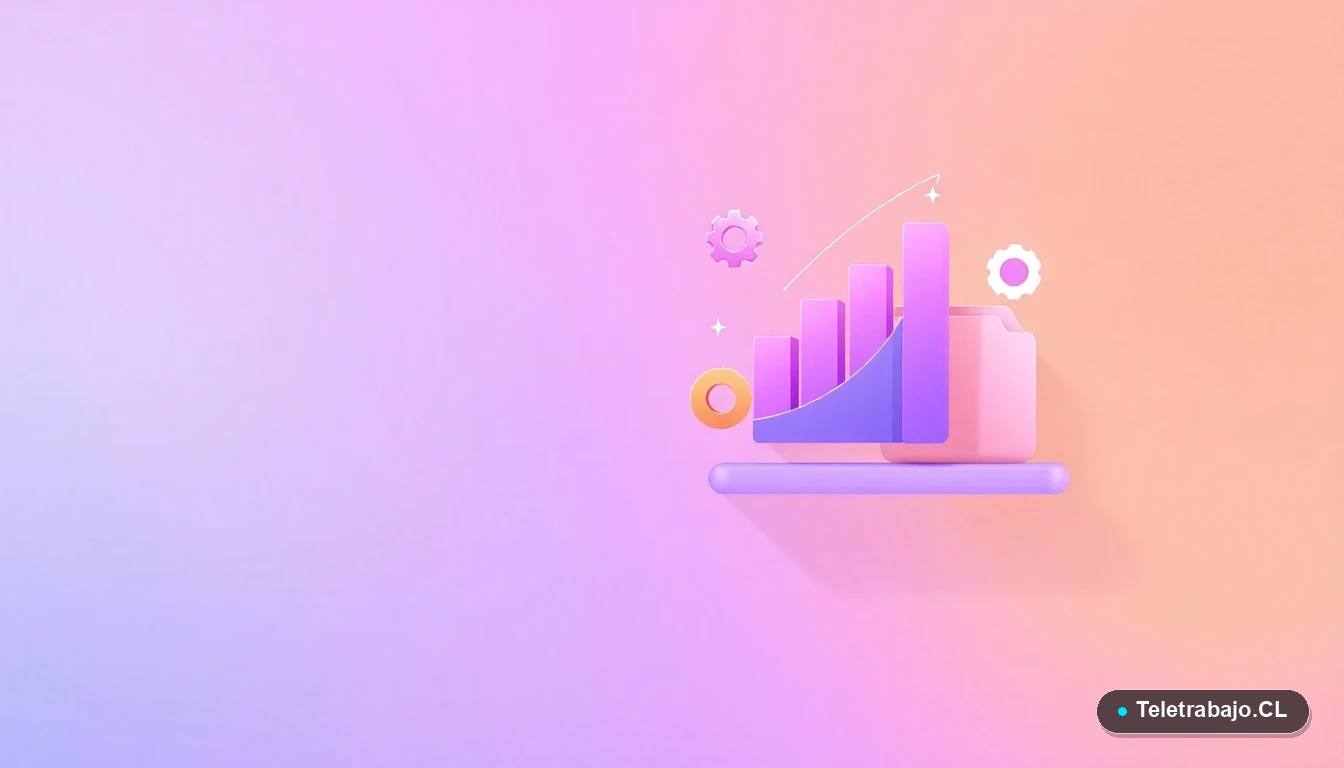 Composición abstracta de interfaz de usuario con gráficos de barras ascendentes y engranajes en tonos lavanda y durazno, sobre fondo degradado.