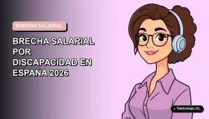 Ilustración vectorial plana de una trabajadora remota con discapacidad, en estilo Corporate Memphis, sobre fondo degradado lavanda. Espacio negativo a la izquierda.