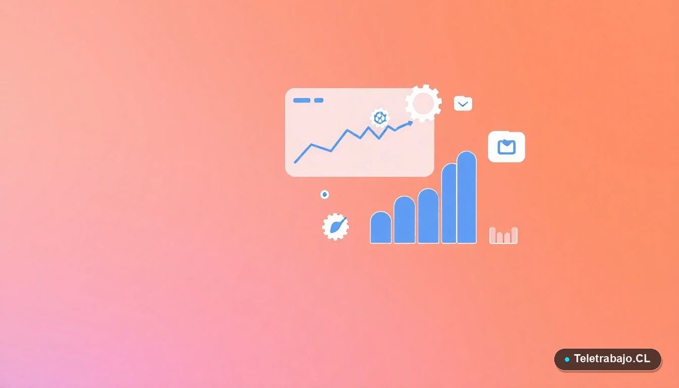 Composición abstracta de interfaz de usuario con gráficos y engranajes flotantes, en estilo vectorial plano, sobre fondo degradado melocotón. Representa datos y sistemas.