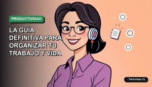 Ilustración plana de mujer profesional chilena sonriendo junto a elementos de bullet journal y organización, fondo degradado suave.