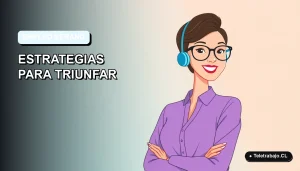 Ilustración plana corporativa de una mujer profesional de teletrabajo sonriente, con fondo degradado azul claro y espacio negativo a la izquierda.