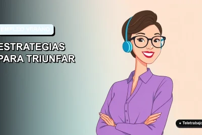 Ilustración plana corporativa de una mujer profesional de teletrabajo sonriente, con fondo degradado azul claro y espacio negativo a la izquierda.