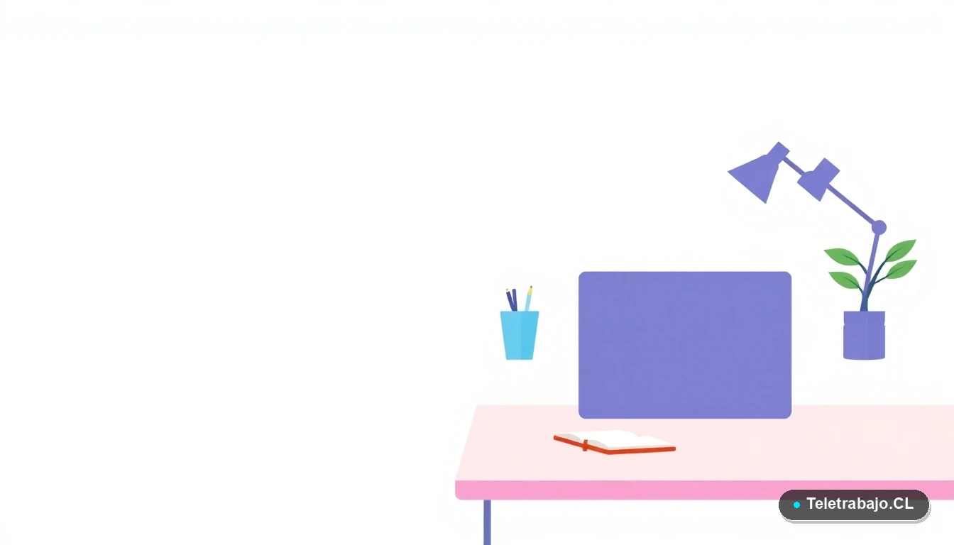 Escritorio moderno minimalista para teletrabajo con laptop, café y planta, sobre fondo degradado en tonos verdes azulados.