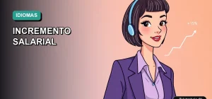 Ilustración plana corporativa de una mujer profesional de teletrabajo con un gráfico ascendente, representando el aumento de sueldo por dominar un idioma extranjero.