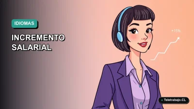 Ilustración plana corporativa de una mujer profesional de teletrabajo con un gráfico ascendente, representando el aumento de sueldo por dominar un idioma extranjero.