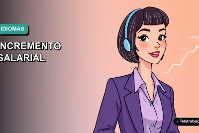 Ilustración plana corporativa de una mujer profesional de teletrabajo con un gráfico ascendente, representando el aumento de sueldo por dominar un idioma extranjero.