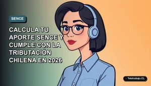 Ilustración vectorial plana de una trabajadora remota chilena con blusa azul, calculando su aporte tributario SENCE para el año 2026. Fondo con gradiente suave de azul a gris.