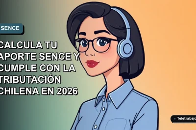 Ilustración vectorial plana de una trabajadora remota chilena con blusa azul, calculando su aporte tributario SENCE para el año 2026. Fondo con gradiente suave de azul a gris.