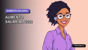 Ilustración vectorial plana de una mujer profesional chilena sonriente, con fondo degradado lavanda, representando el cálculo de reajuste salarial.