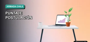 Ilustración vectorial plana de estilo moderno que muestra un escritorio minimalista con una laptop, una taza de café y una planta, sobre un fondo con degradado suave de color teal, representando una guía de cálculo para postular a la Armada de Chile.