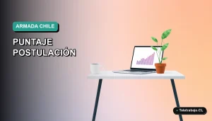 Ilustración vectorial plana de estilo moderno que muestra un escritorio minimalista con una laptop, una taza de café y una planta, sobre un fondo con degradado suave de color teal, representando una guía de cálculo para postular a la Armada de Chile.