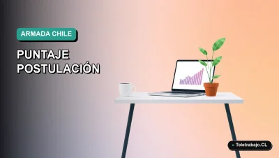 Ilustración vectorial plana de estilo moderno que muestra un escritorio minimalista con una laptop, una taza de café y una planta, sobre un fondo con degradado suave de color teal, representando una guía de cálculo para postular a la Armada de Chile.