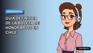 Ilustración plana de mujer profesional chilena trabajando remotamente, calculando boleta de honorarios. Fondo degradado azul.