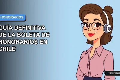 Ilustración plana de mujer profesional chilena trabajando remotamente, calculando boleta de honorarios. Fondo degradado azul.