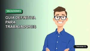 Ilustración plana vectorial de un trabajador remoto sonriente, con camisa azul y lentes, sobre un fondo degradado verde suave. Espacio negativo a la izquierda.