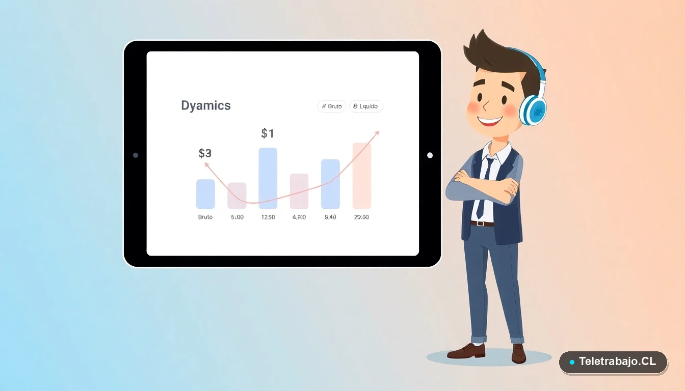 Ilustración plana moderna de persona calculando su sueldo líquido 2026 en Chile con gráficos en una tablet.