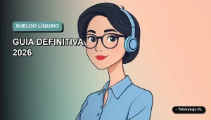 Ilustración plana vectorial de una mujer profesional con blusa azul trabajando desde casa, sobre fondo degradado suave. Concepto de cálculo de sueldo líquido para teletrabajadores en Chile.