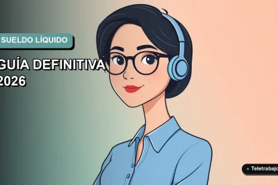 Ilustración plana vectorial de una mujer profesional con blusa azul trabajando desde casa, sobre fondo degradado suave. Concepto de cálculo de sueldo líquido para teletrabajadores en Chile.