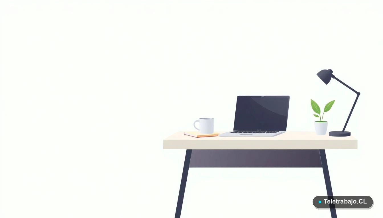 Escritorio moderno minimalista para teletrabajo con laptop, cuaderno, taza de café y planta, sobre fondo degradado color menta. Espacio de trabajo remoto organizado.