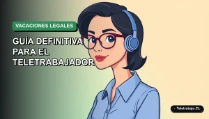 Ilustración plana corporativa de una trabajadora remota sonriente con blusa azul, sobre fondo degradado verde suave, representando cálculo de vacaciones legales en Chile.