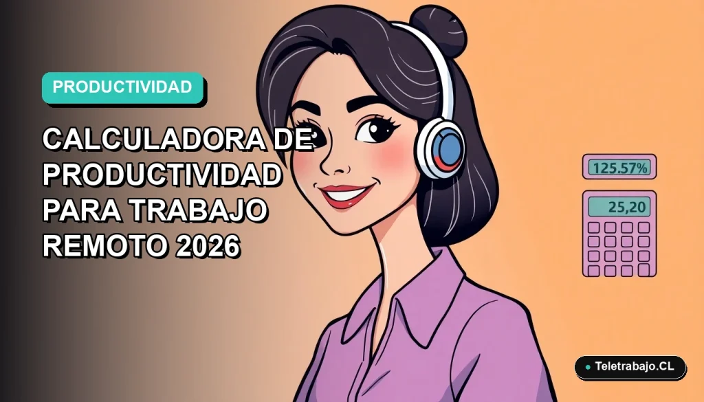 Ilustración plana vectorial de una trabajadora remota feliz junto a una calculadora de productividad moderna sobre un fondo degradado suave.