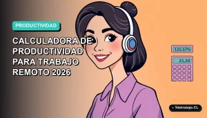 Ilustración plana vectorial de una trabajadora remota feliz junto a una calculadora de productividad moderna sobre un fondo degradado suave.