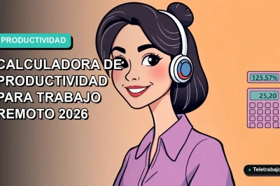 Ilustración plana vectorial de una trabajadora remota feliz junto a una calculadora de productividad moderna sobre un fondo degradado suave.