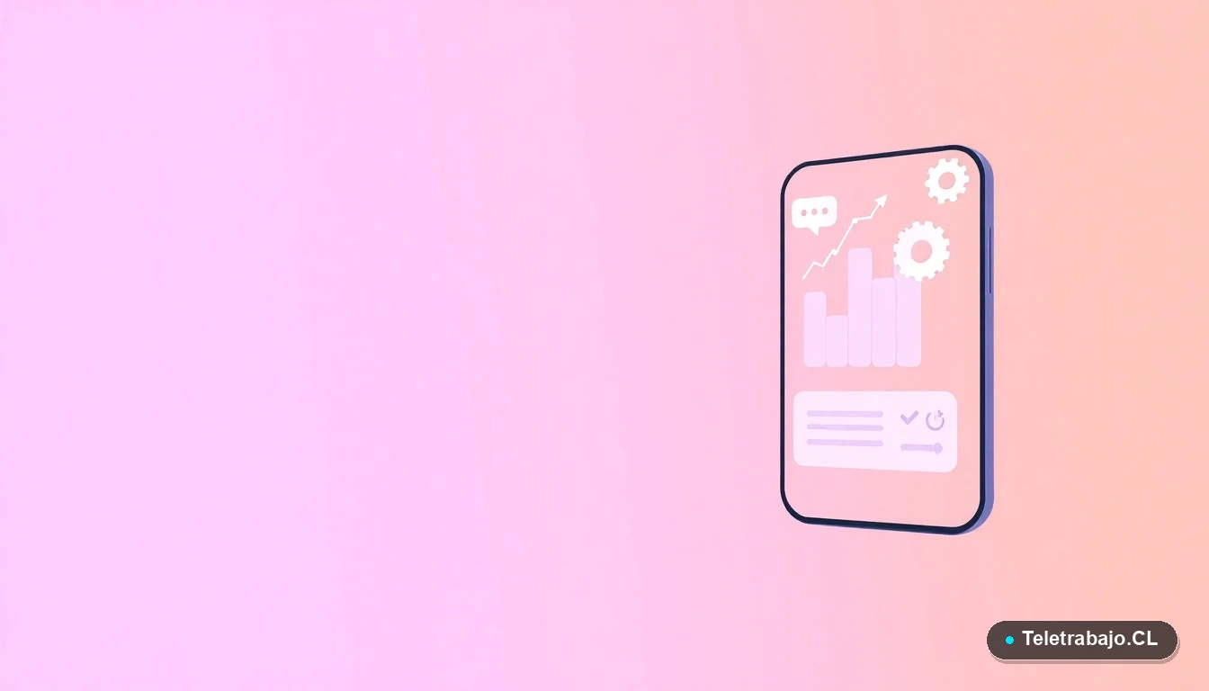 Interfaz de usuario abstracta con gráficos flotantes y iconos de productividad sobre un fondo degradado lavanda y durazno.
