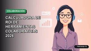 Ilustración plana corporativa de una trabajadora remota feliz junto a gráficos digitales flotantes, sobre fondo degradado suave.