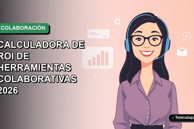 Ilustración plana corporativa de una trabajadora remota feliz junto a gráficos digitales flotantes, sobre fondo degradado suave.