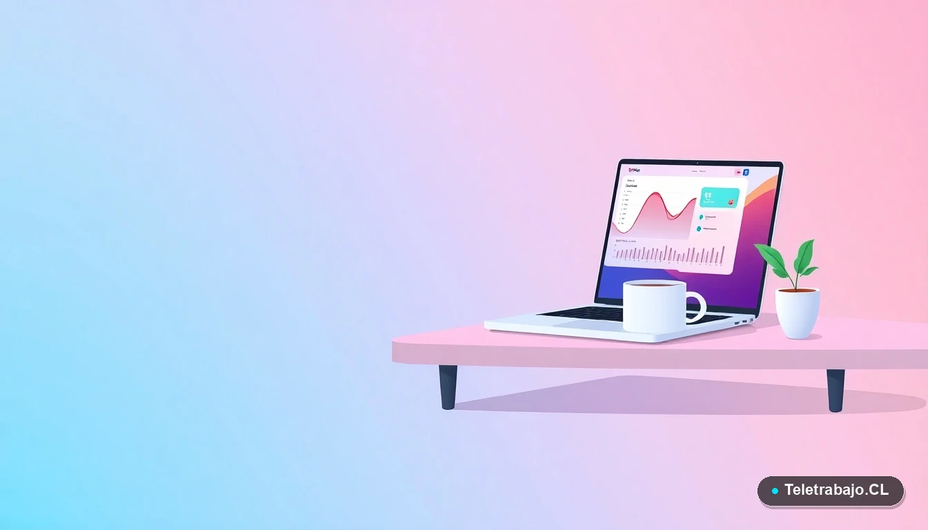 Escritorio moderno minimalista con laptop, taza de café y planta, sobre fondo degradado de colores fríos, concepto de espacio de trabajo remoto.