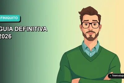 Ilustración plana corporativa de un trabajador de tecnología remoto revisando documentos de finiquito en una oficina minimalista.