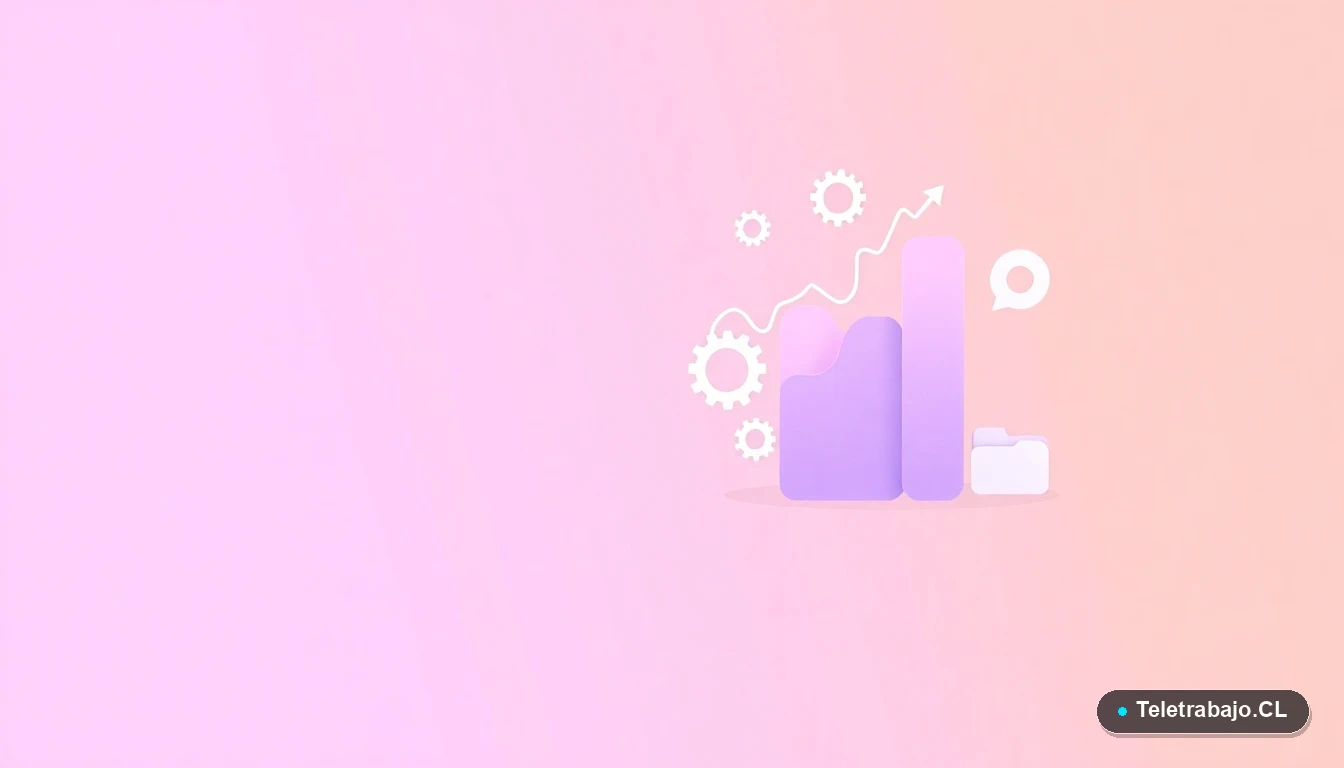 Elementos gráficos abstractos de interfaz de usuario con gráficos, engranajes y carpetas flotantes sobre fondo degradado lavanda.