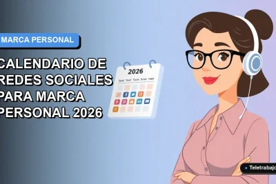 Ilustración plana vectorial de calendario digital 2026 y mujer profesional de teletrabajo, sobre fondo degradado azul y blanco.