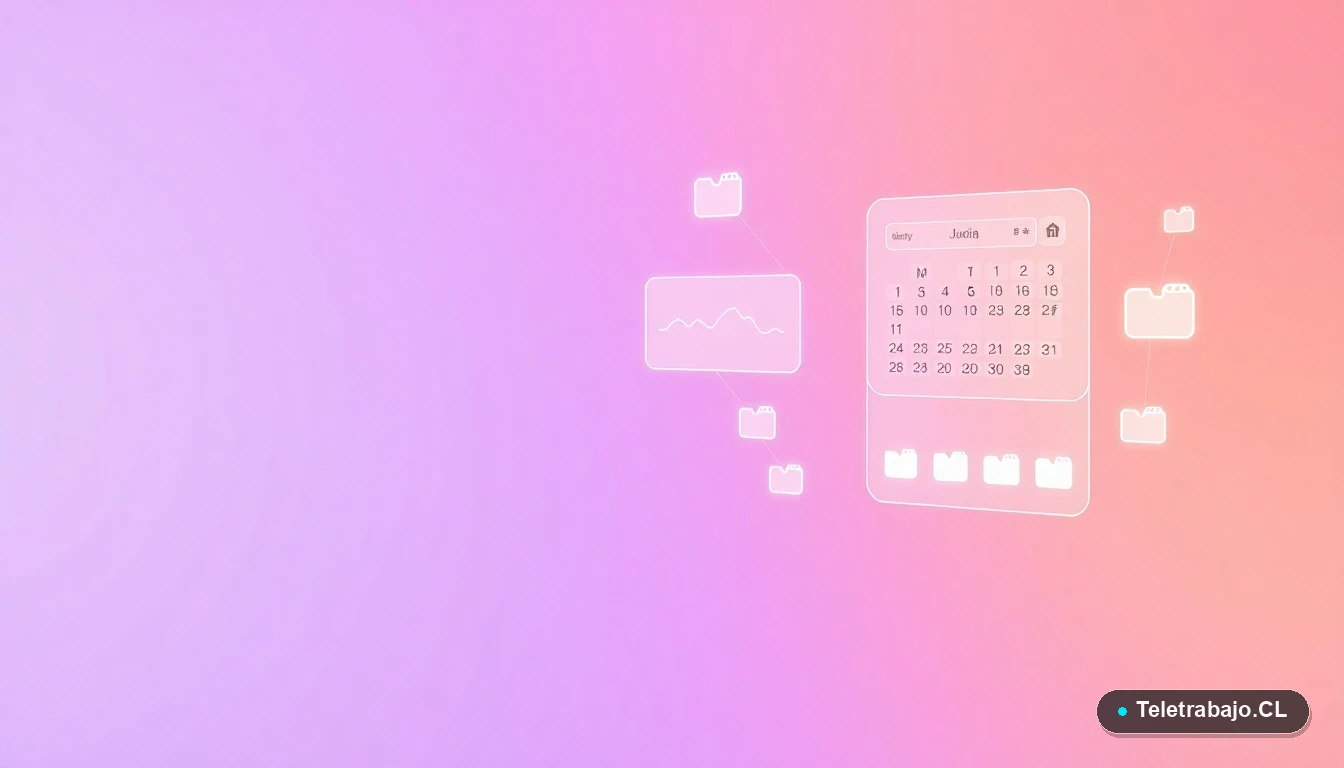Interfaz de usuario abstracta con gráficos flotantes y calendario digital, concepto de planificación de contenido para redes sociales.