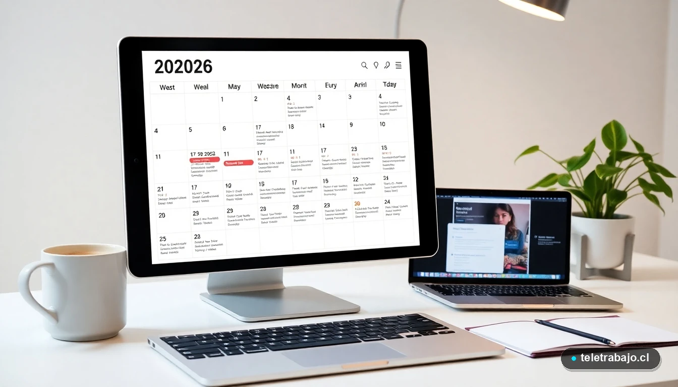 Calendario laboral 2026 digital en una oficina moderna en Chile para planificación del teletrabajo