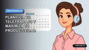 Ilustración vectorial plana de una mujer profesional de teletrabajo junto a un calendario flotante del año 2026, fondo degradado azul y gris.