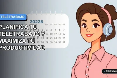 Ilustración vectorial plana de una mujer profesional de teletrabajo junto a un calendario flotante del año 2026, fondo degradado azul y gris.