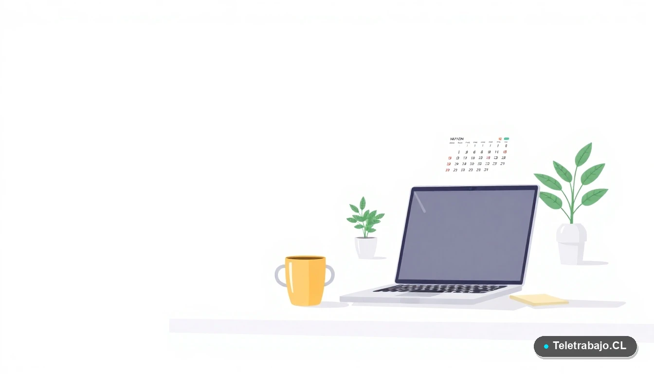 Escritorio moderno minimalista para teletrabajo con laptop mostrando un calendario digital y una planta, fondo degradado verde menta.