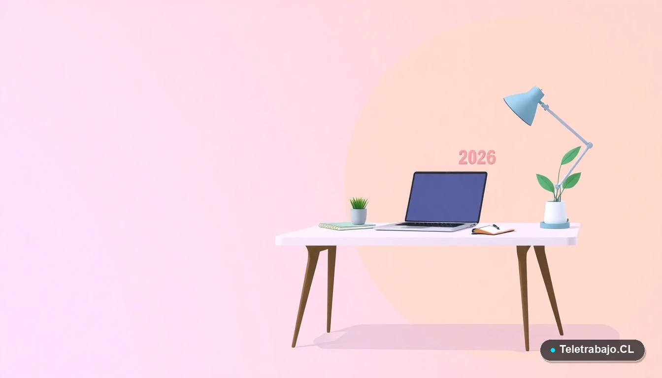 Escritorio moderno minimalista con laptop mostrando un calendario del año 2026, ilustración plana para artículo sobre búsqueda de empleo en Chile.